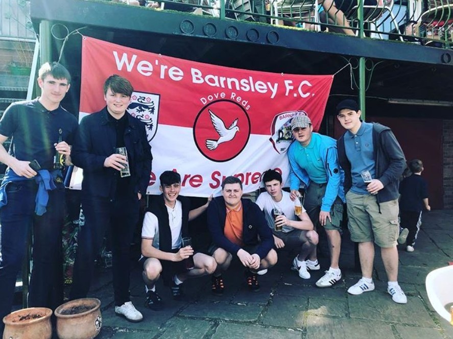 Seven lads with custom Barnsley flag designed on Ultras Design website