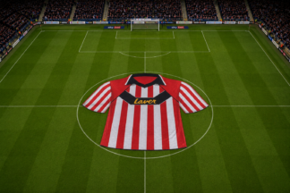 Custom football pitch display flag in a bespoke cut-out shirt design