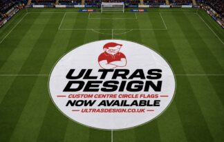 18.3m x 18.3m Custom Centre Circle Football Flag on a stadium pitch